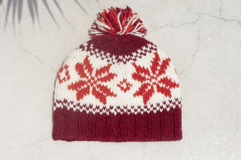 圣诞市集 限量一件 手织纯羊毛帽 / 针织毛帽 / 内刷毛手织毛帽 / 毛线帽 (made in nepal) - 温暖色彩 北欧雪花民族图腾 - 帽子 - 羊毛 多色