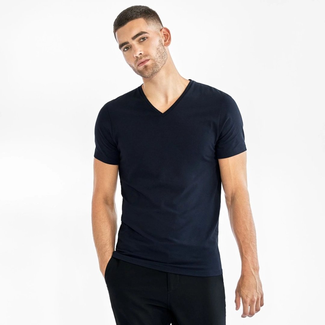 北欧极简 - V-Neck 有机棉男用V领T / 素T /  T-shirt (深蓝) - 男装上衣/T 恤 - 棉 蓝色
