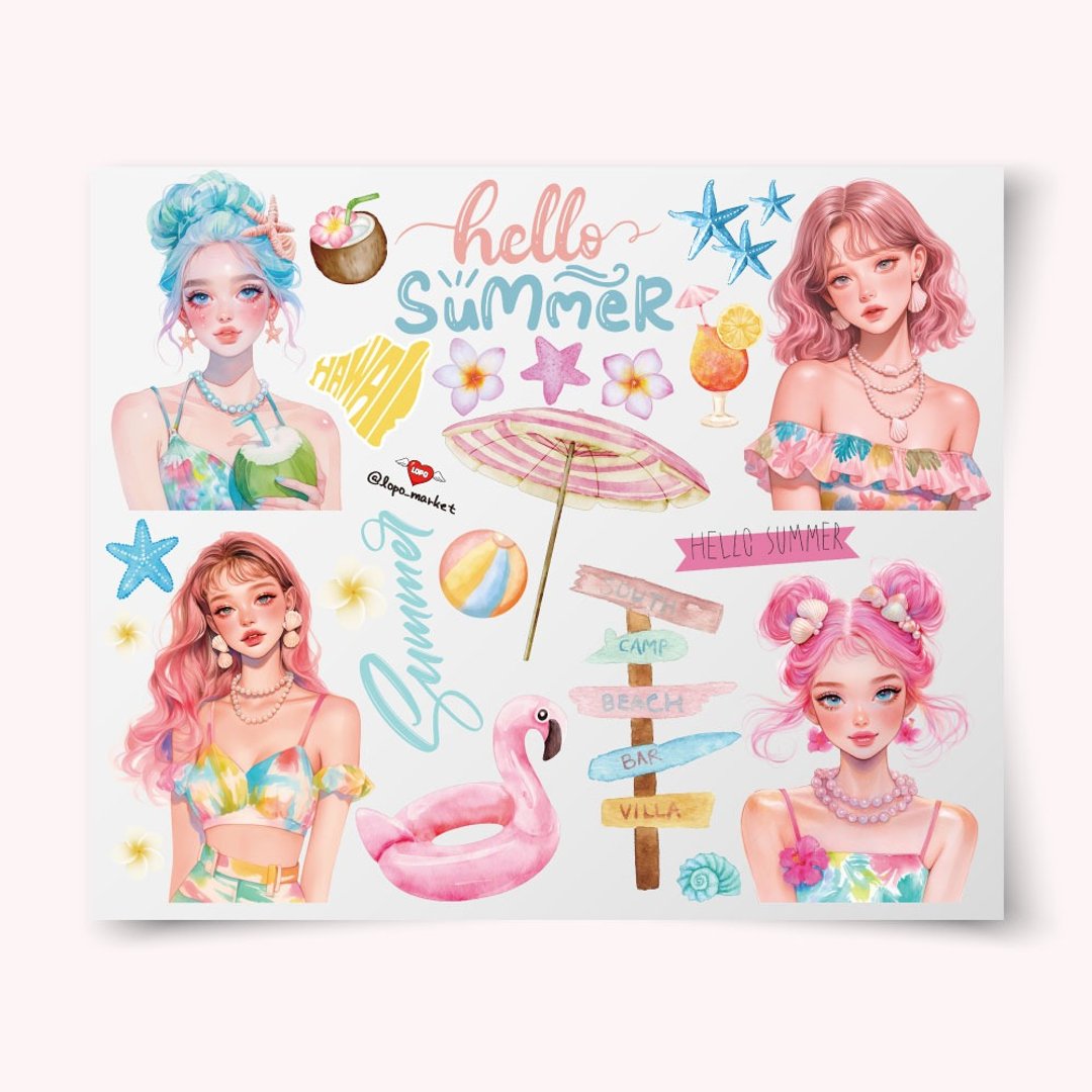 Aloha Summer Girl 角色贴纸三张组 - 贴纸 - 纸 