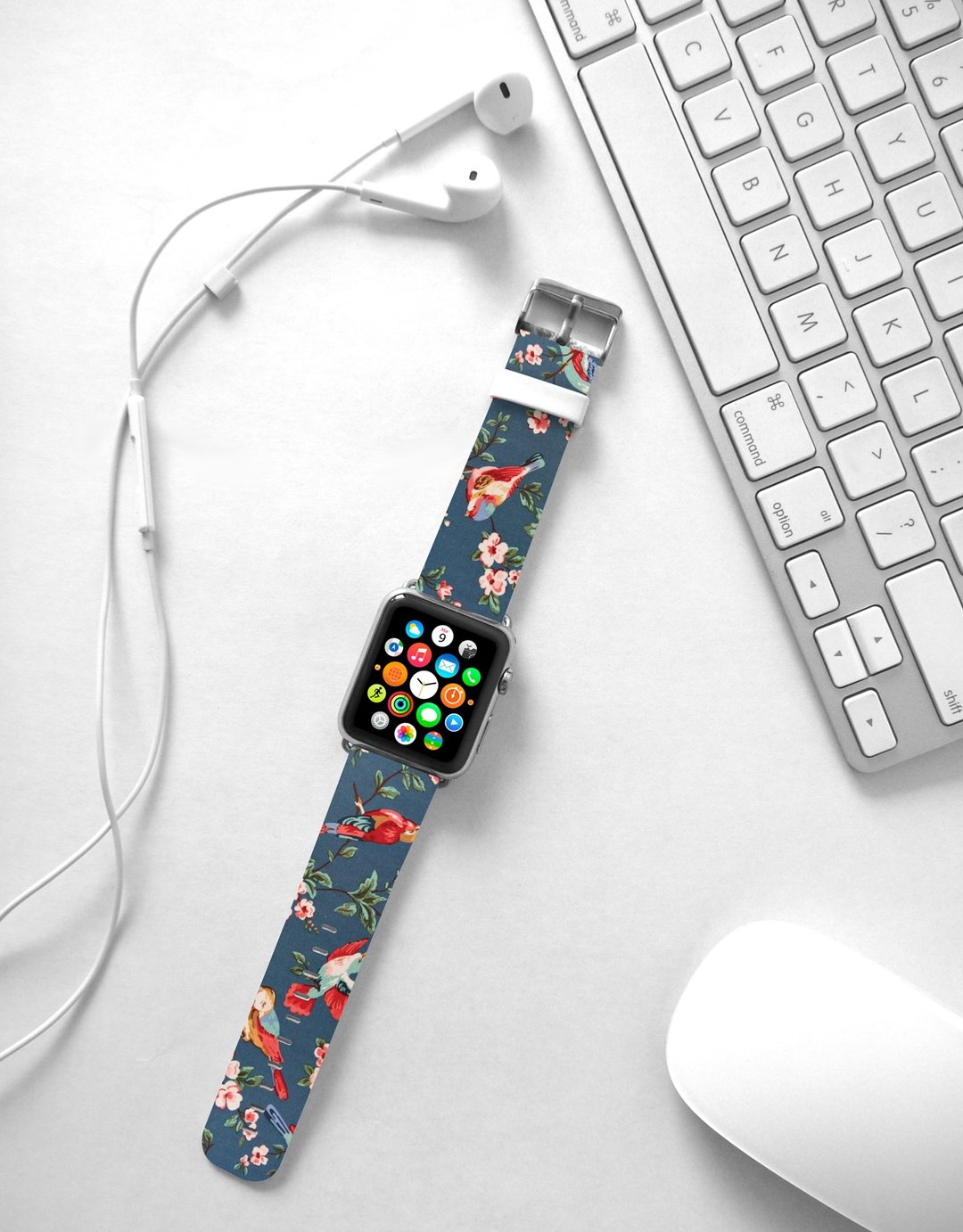 怀旧花鸟蓝色 Apple Watch 真皮手表带 38 40 42 44 mm -002 - 表带 - 真皮 蓝色