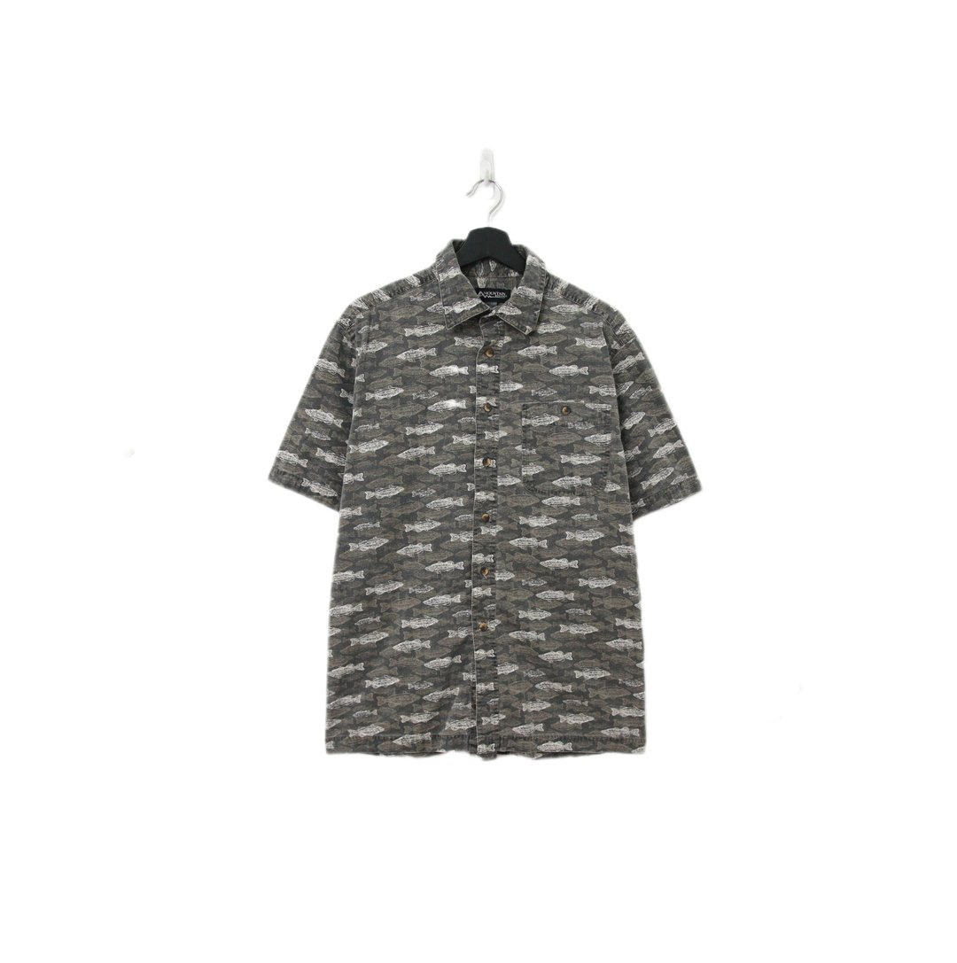 Back to Green-鱼图腾短袖衬衫 灰绿 鱼重影 ff-03 vintage shirt - 男装衬衫 - 棉 