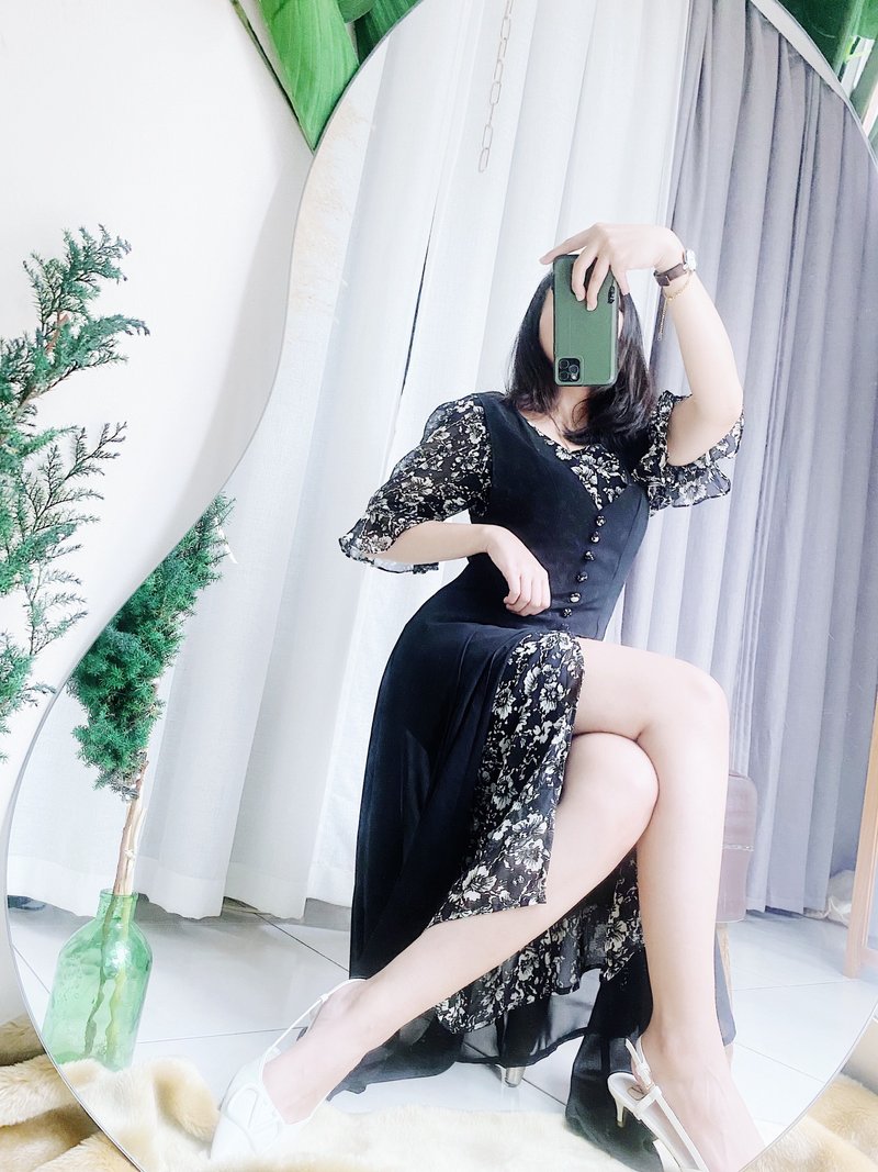 爱丽丝梦游浪漫祭典澎袖假两件 古着纺纱质连身裙洋装长裙 dress - 洋装/连衣裙 - 聚酯纤维 黑色