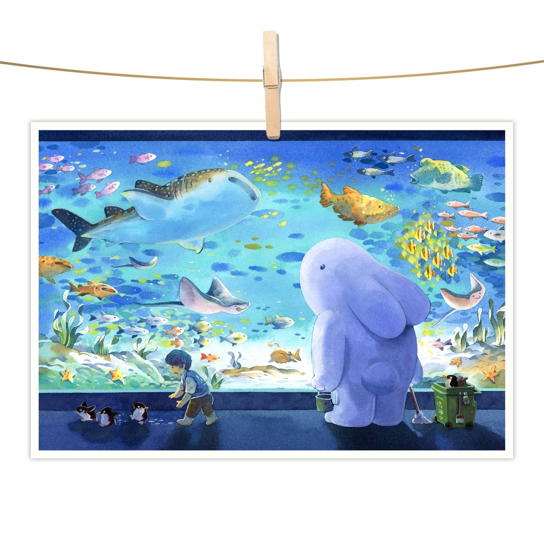 afu水彩插画明信片 - 蔚蓝水族馆 - 卡片/明信片 - 纸 