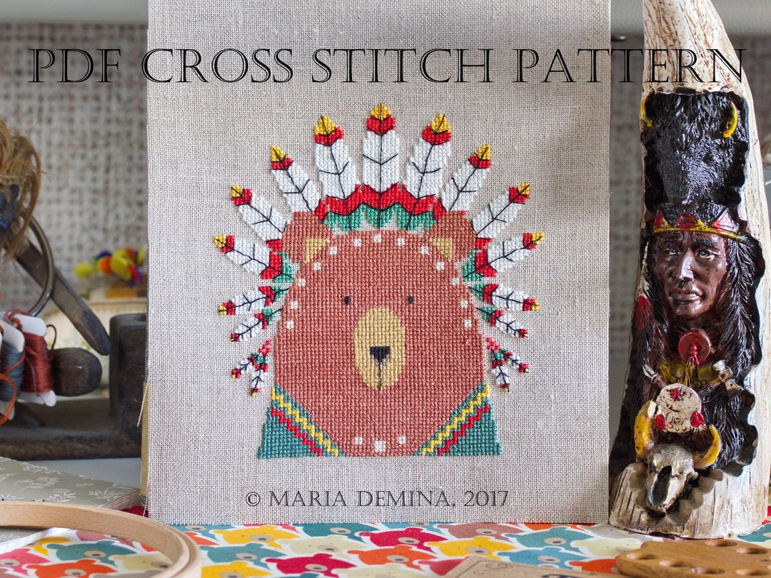Bear In War Bonnet modern PDF cross stitch pattern - 手工艺教程/工具书 - 其他材质 