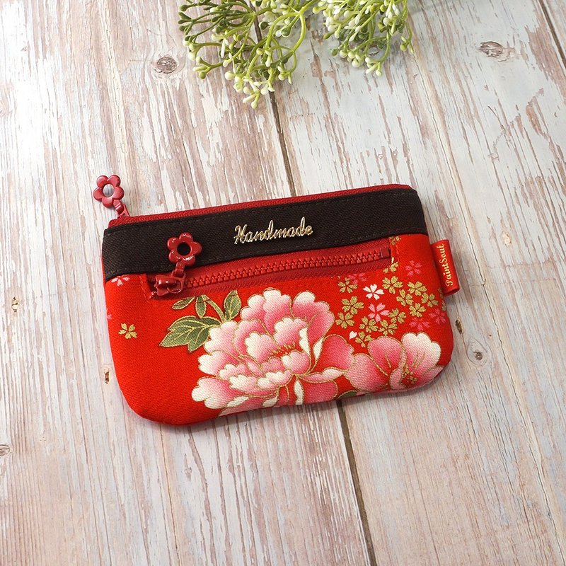 双层收纳零钱包(5吋)_古典烫金牡丹花 - 零钱包 - 棉．麻 红色