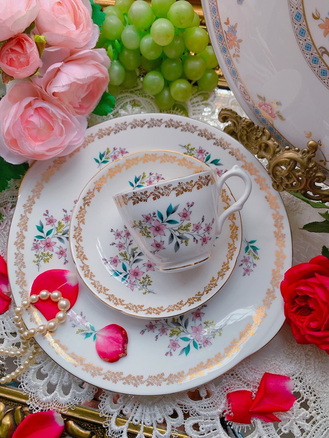 1957年英国制Royal Grafton手绘花卉下午茶花茶杯咖啡杯两件组 - 茶具/茶杯 - 瓷 粉红色