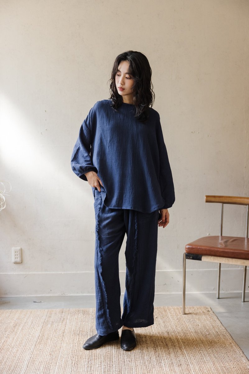 清迈棉须须设计口袋宽裤_深蓝 - 女装长裤 - 棉．麻 蓝色