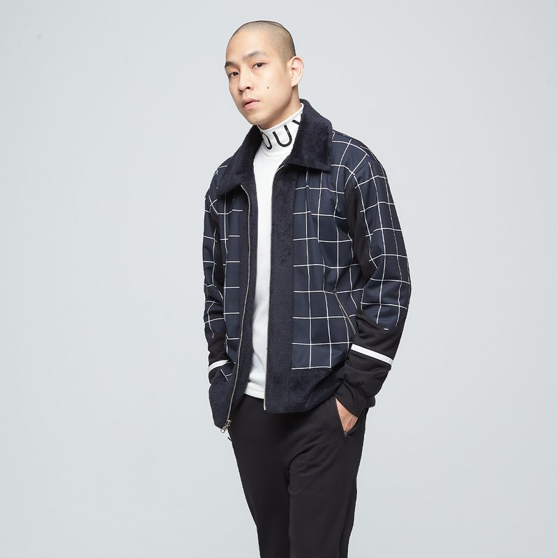 【限时5折】台湾制-绒毛格纹双面外套(男)-无烟煤黑 - 男装外套 - 聚酯纤维 黑色