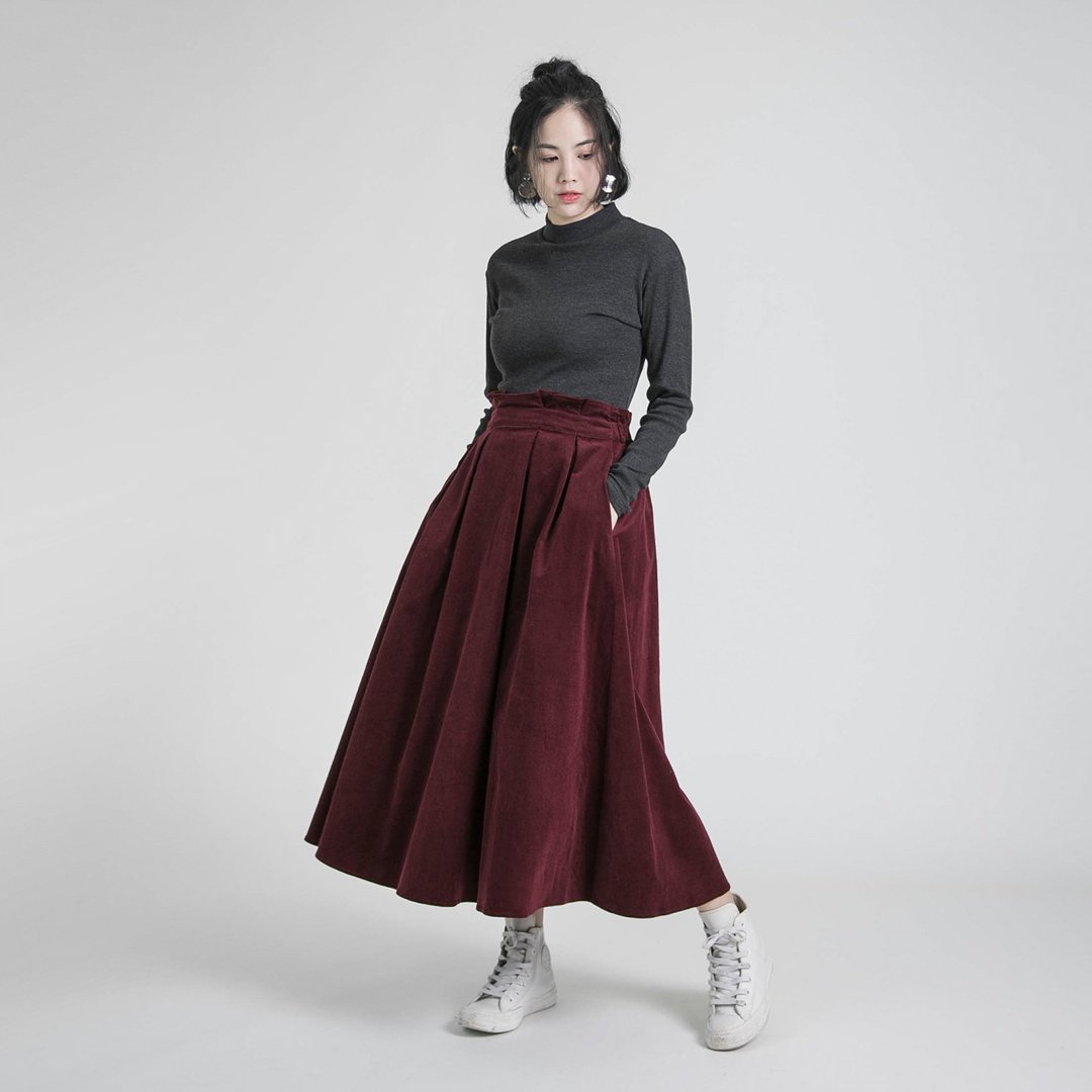 Joy 欢愉合褶长裙_8AF233_灯芯绒酒红 - 裙子 - 棉 红色