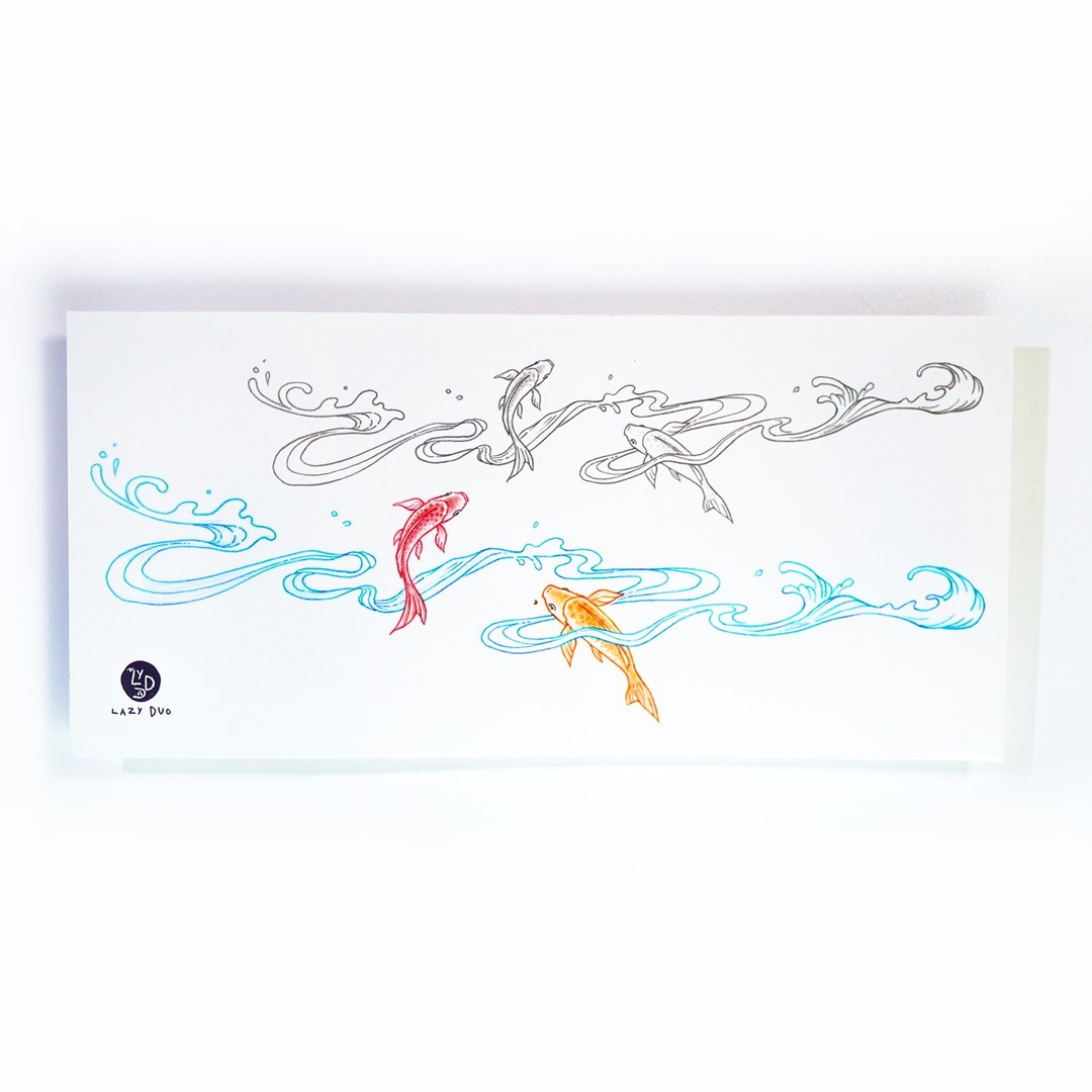 锦鲤逐浪手环彩色纹身贴纸香港刺青师原创手绘设计持久防水防敏感 - 纹身贴 - 纸 多色