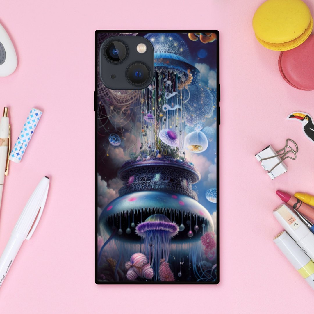 奇幻闪耀的梦幻水母 UFO 方形手机壳【强化玻璃处理】支持 iPhone16 - 手机壳/手机套 - 塑料 多色