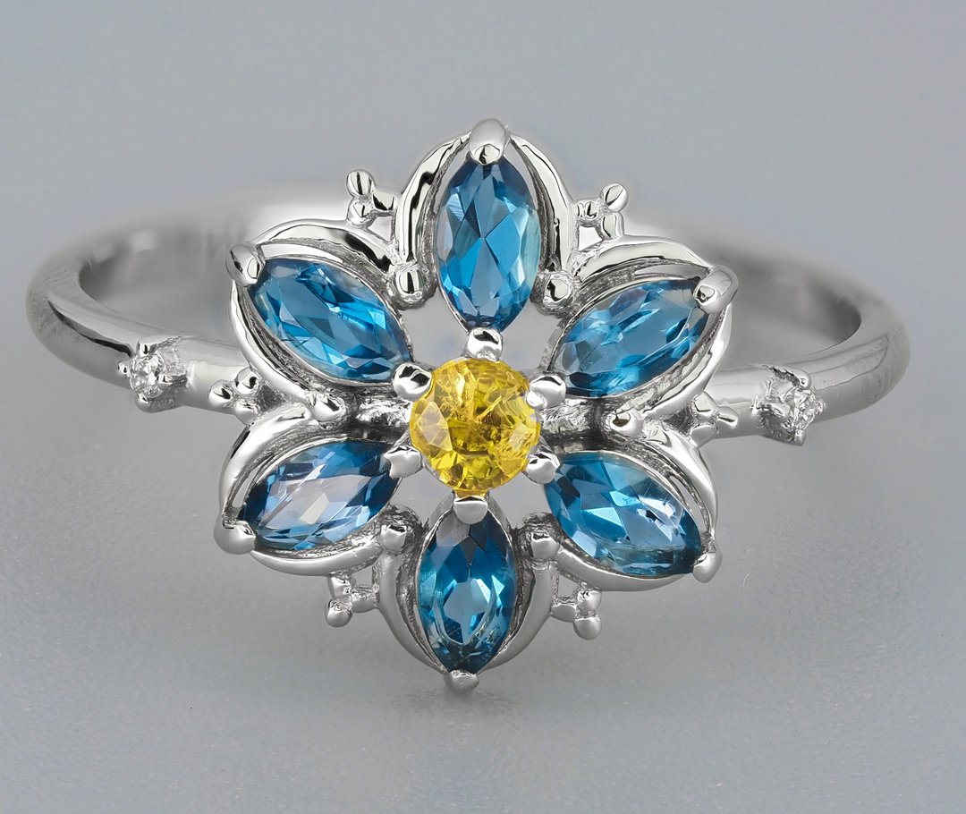 Forget me not flower ring with natural topaz and sapphire - 戒指 - 贵金属 金色