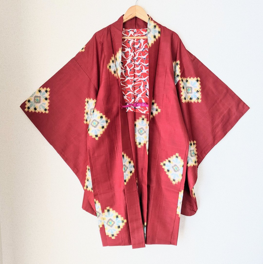 日本 Vintage 羽织 正绢 铭仙 红色 内衬可爱 古布 民艺 时代布 独一无二 大正浪漫 和洋混搭 - 女装休闲/机能外套 - 丝．绢 红色
