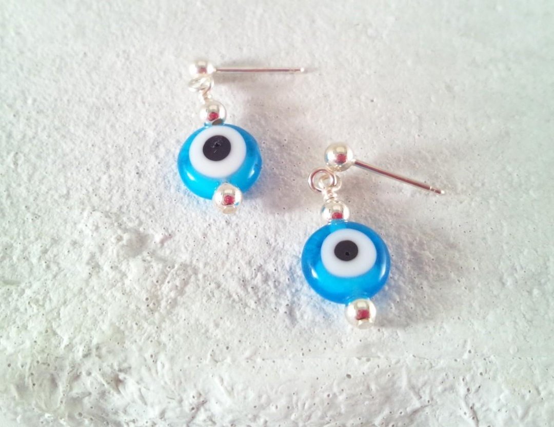 EVIL EYE Evil eye protection Turkish glass SV earrings 2-2 - 耳环/耳夹 - 玻璃 蓝色