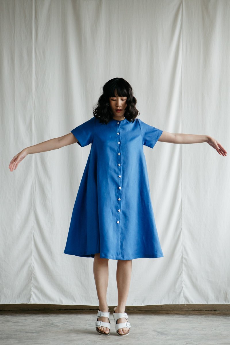 A-line dress with Shell Button in Blue - 洋装/连衣裙 - 棉．麻 蓝色