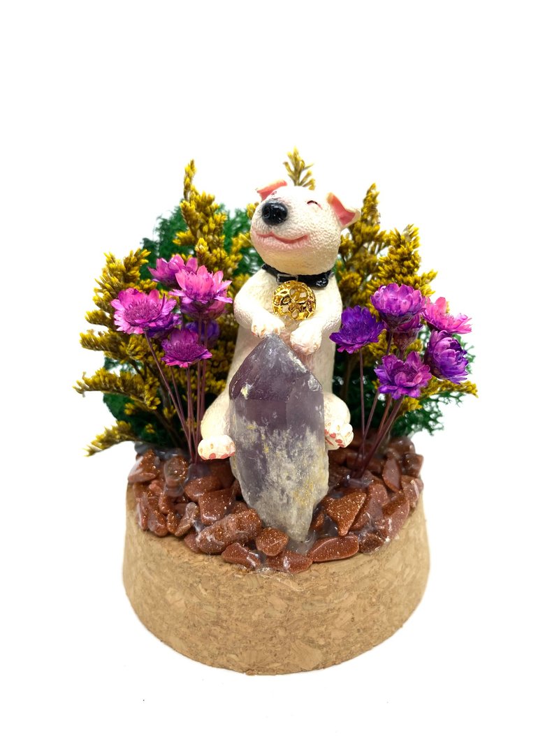 绿色树林-牛头㹴与紫水晶-手工玻璃罩公仔/水晶/干燥花摆设 - 摆饰 - 水晶 