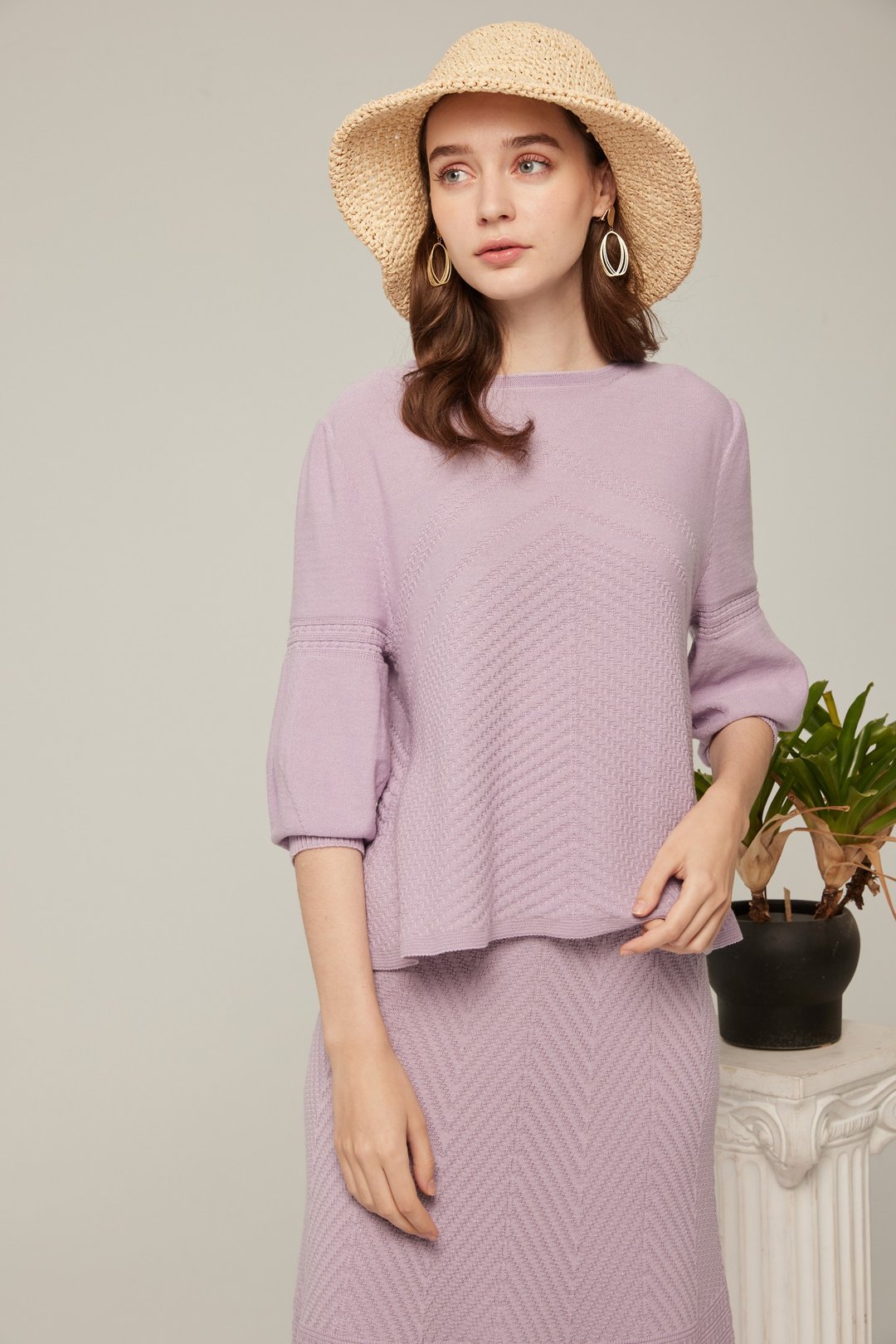 立体蓬袖斜纹上衣_紫 (22S2TP01) - 女装针织衫/毛衣 - 棉 