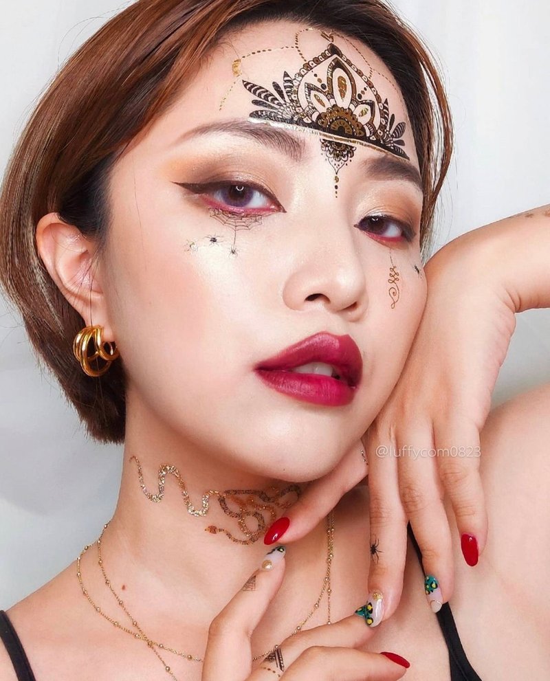 印度漢娜彩繪(黑) -2入紋身貼紙 原創手繪設計 | 萬聖節 | 派對裝 - 纹身贴 - 纸 黑色