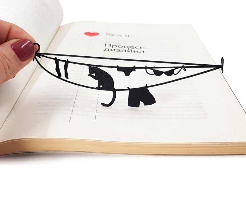 金属书本书签 晾衣绳上的坐姿猫 - 书签 - 其他金属 黑色