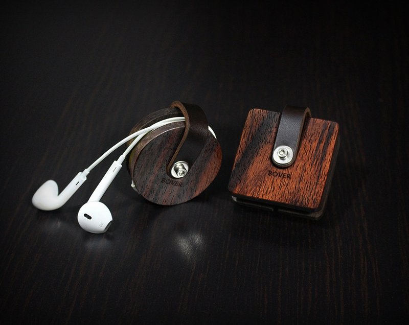 真皮木质卷线器 手机耳机绕线器 束线器 集线器 理线器 整线器 手工制作礼物 - 卷线器/电线收纳 - 木头 咖啡色