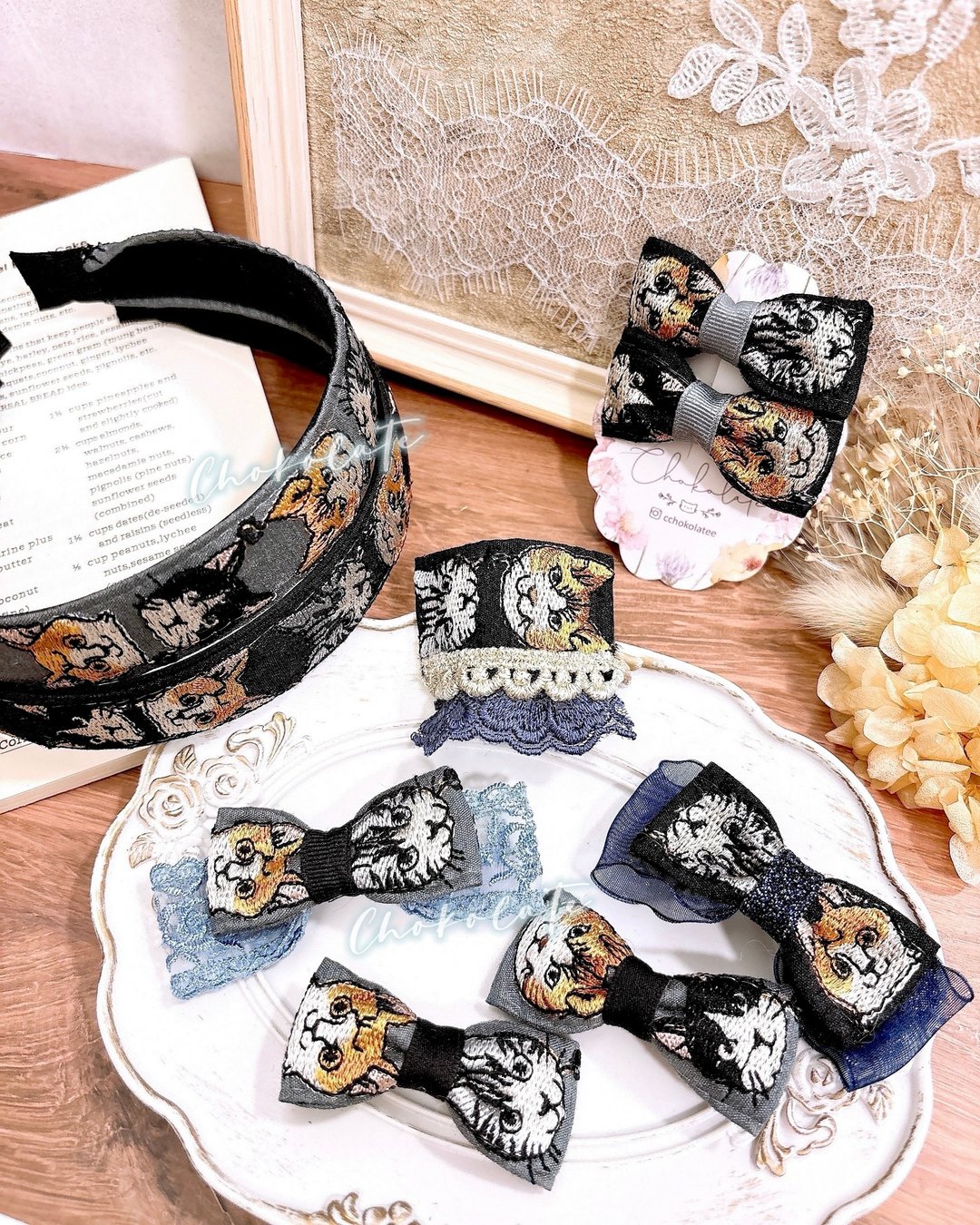 日本进口猫咪图案刺绣发夹 发箍 发插 亲子 - 发饰 - 绣线 黑色