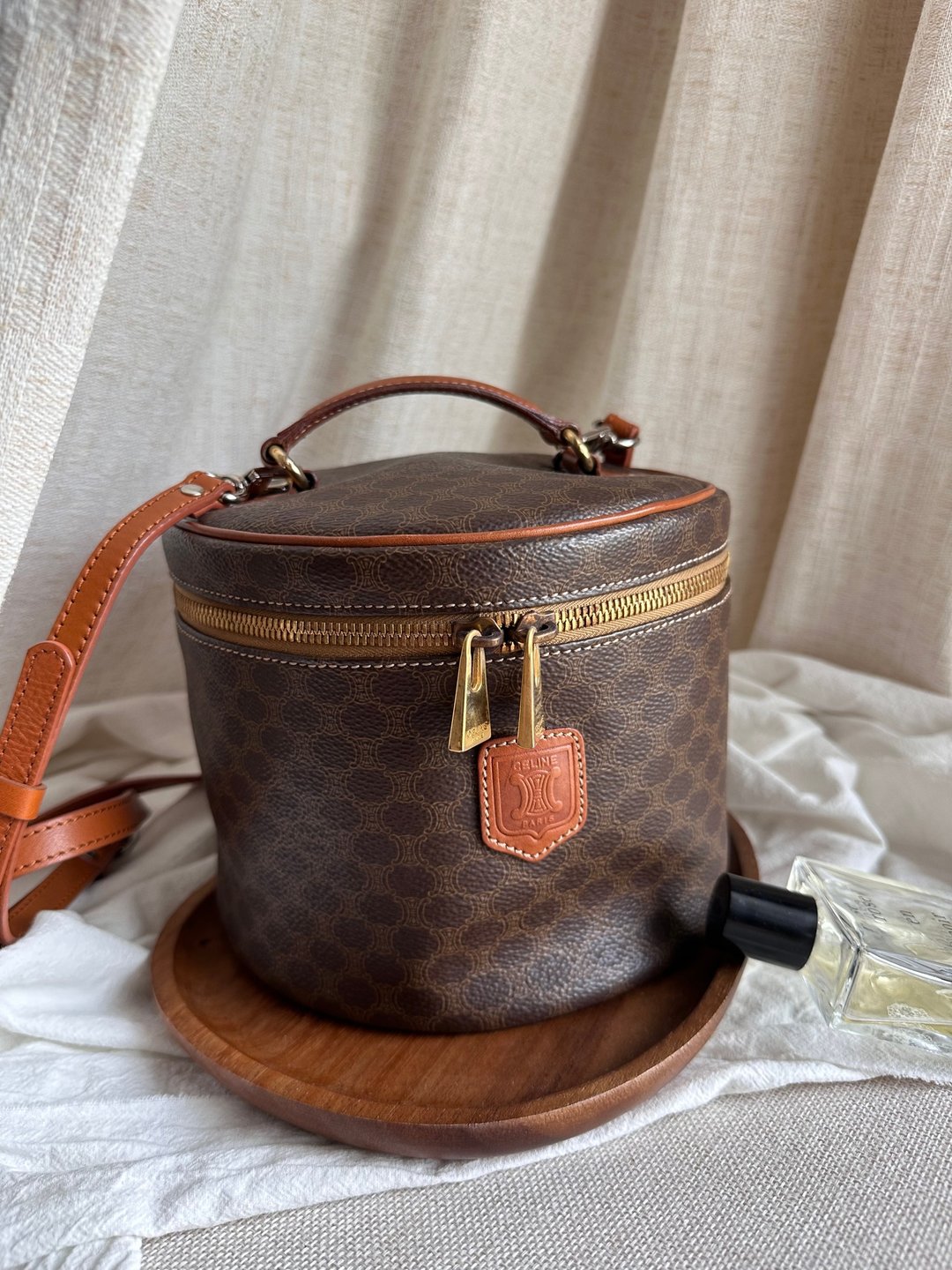 稀有中古包Vintage Celine 棕花凯旋门徽章圆柱化妆箱 - 侧背包/斜挎包 - 防水材质 