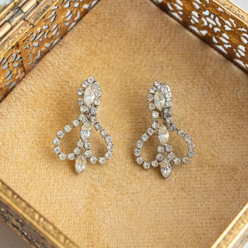 美国古董 典雅宫廷式老莱茵石 银色耳夹 - 耳环/耳夹 - 其他金属 银色