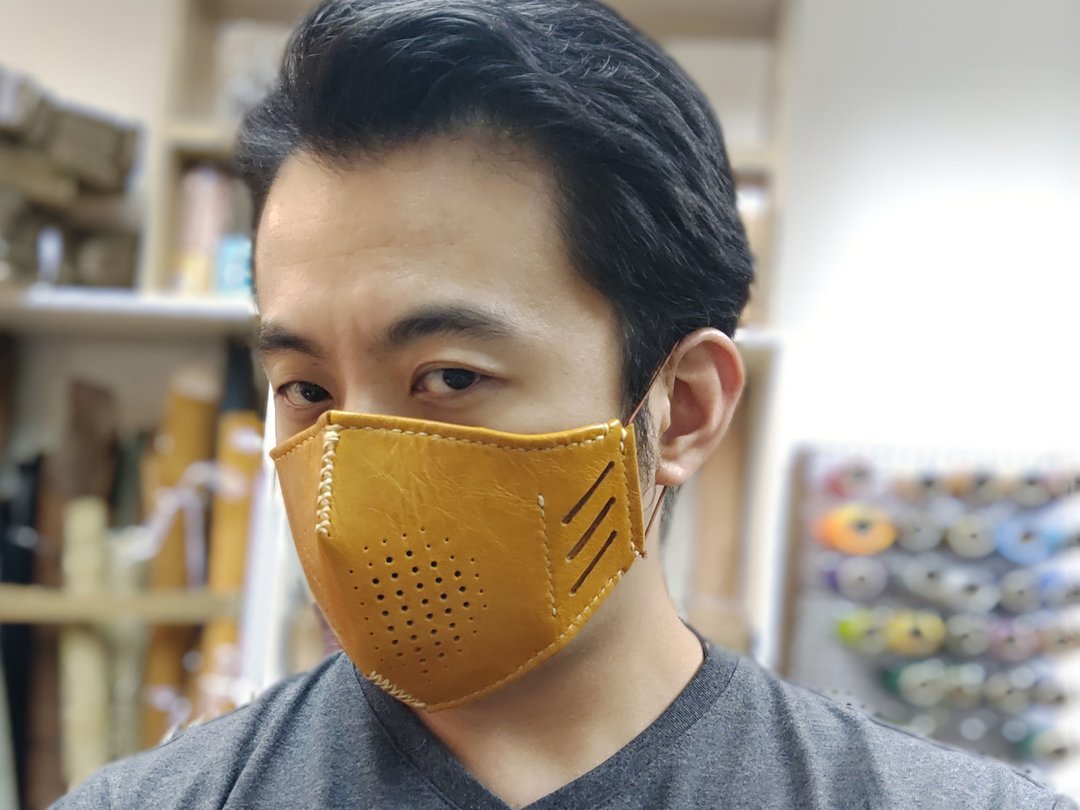 MICO 手工皮革面罩, 面具, 防尘面罩 配皮革口罩减压带 - 口罩 - 真皮 卡其色