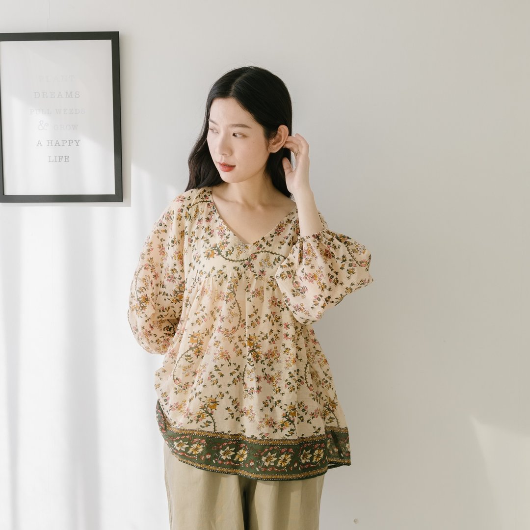 设计款 上衣 Joy V领 七分袖 女装上衣 粉碎花 台湾手作 - 女装上衣 - 棉 蓝色