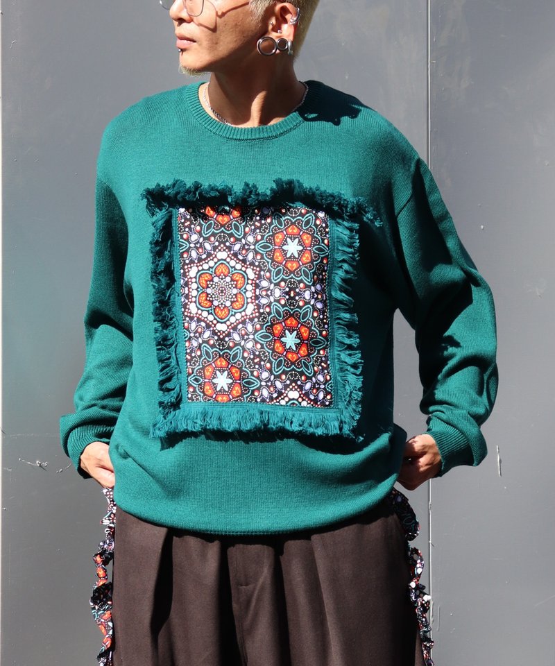 AFRICA FRINGE FRAME KNIT PULLOVER - 女装针织衫/毛衣 - 棉．麻 绿色