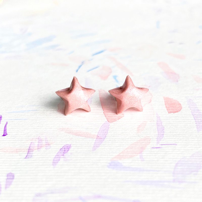 星星耳环 立体幸运星纯银耳环 | 可爱粉红色 - 耳环/耳夹 - 纯银 粉红色