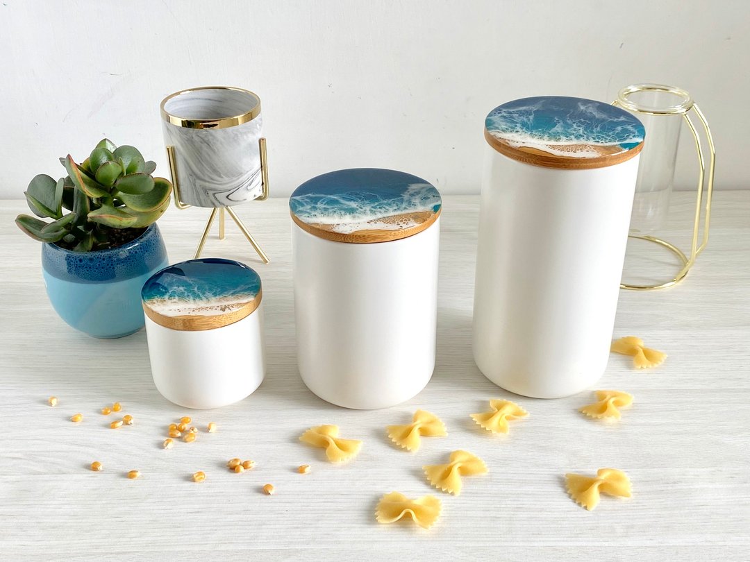 Ceramic Jar, Ceramic Canister, Resin Ocean Painting, Wedding Gift, Home Gift - 调味罐/酱料瓶 - 陶 蓝色