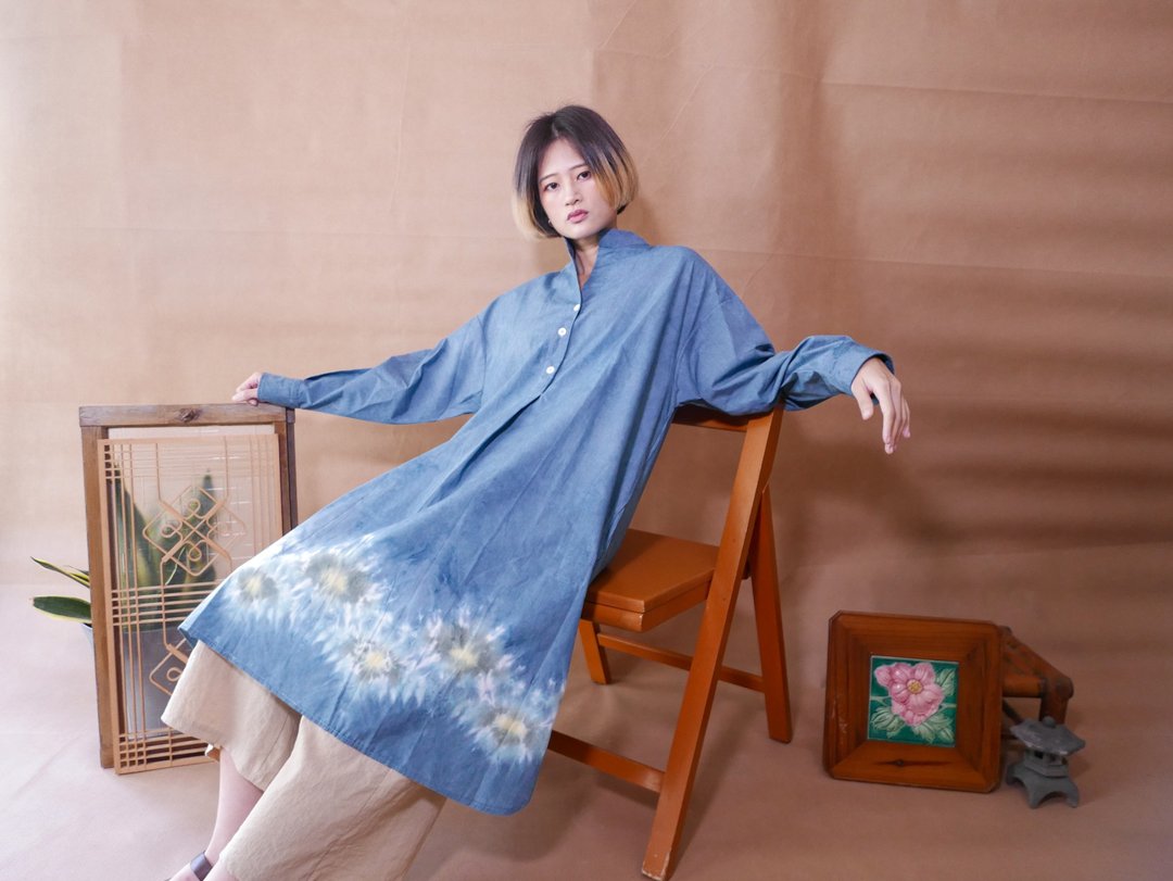 锦 手染长袖衬衫洋装 - 洋装/连衣裙 - 棉．麻 蓝色