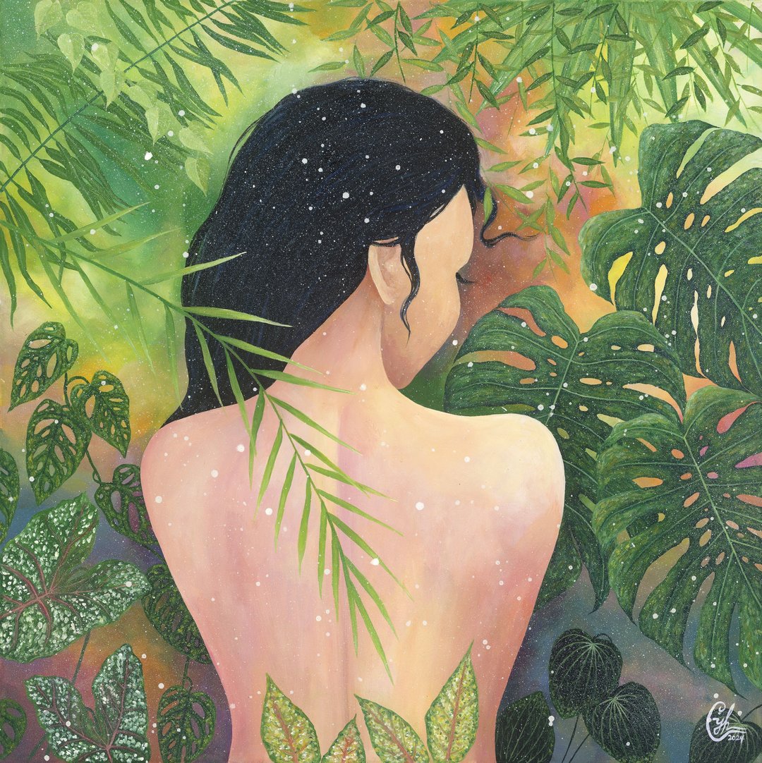 女性植物绘画 沁心引光6  Woman Painting - Light Into me 6 - 订制画像 - 棉 黄色