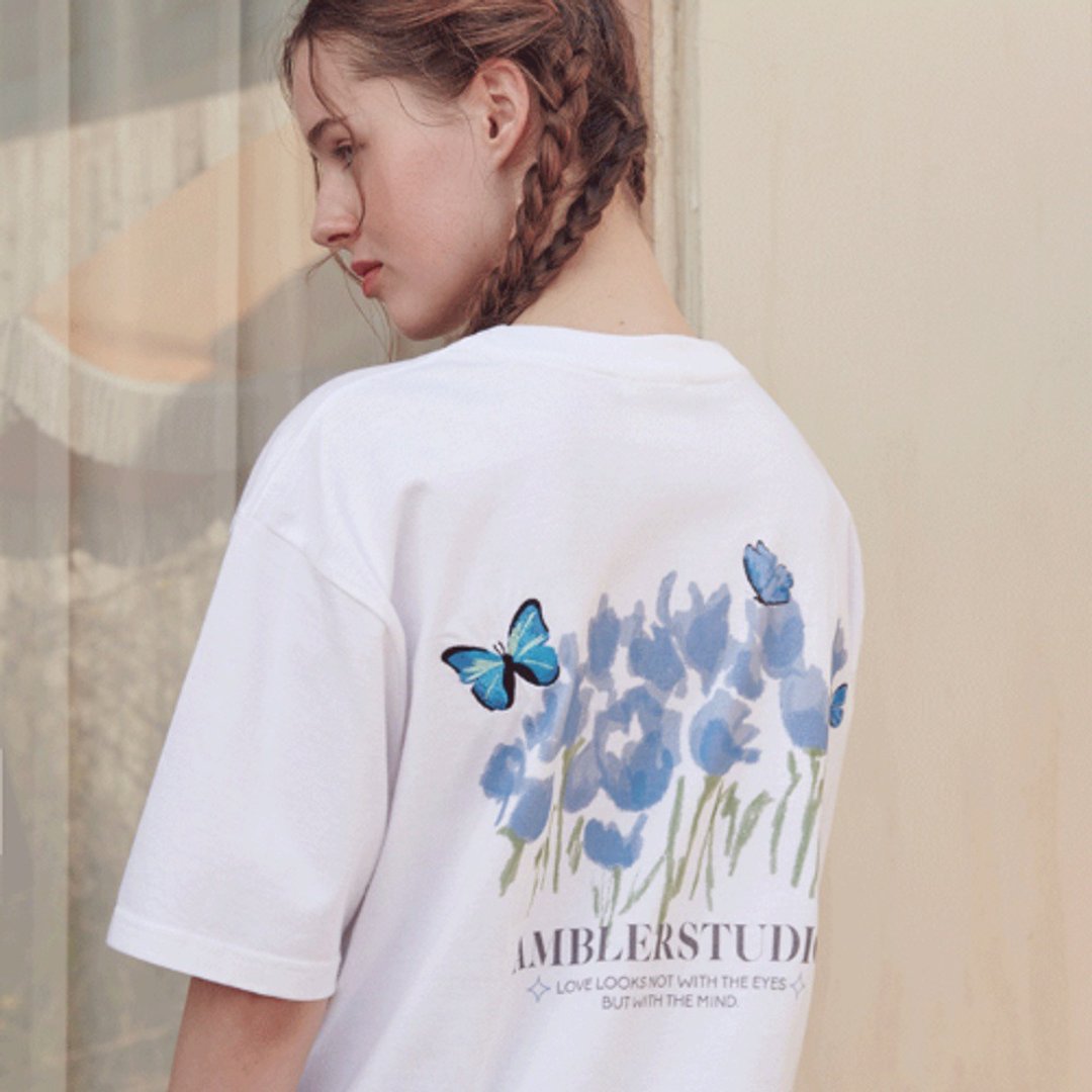 Ambler AS1030 Over fit T-shirts Blue Butterfly 短袖t恤 - 女装 T 恤 - 棉．麻 