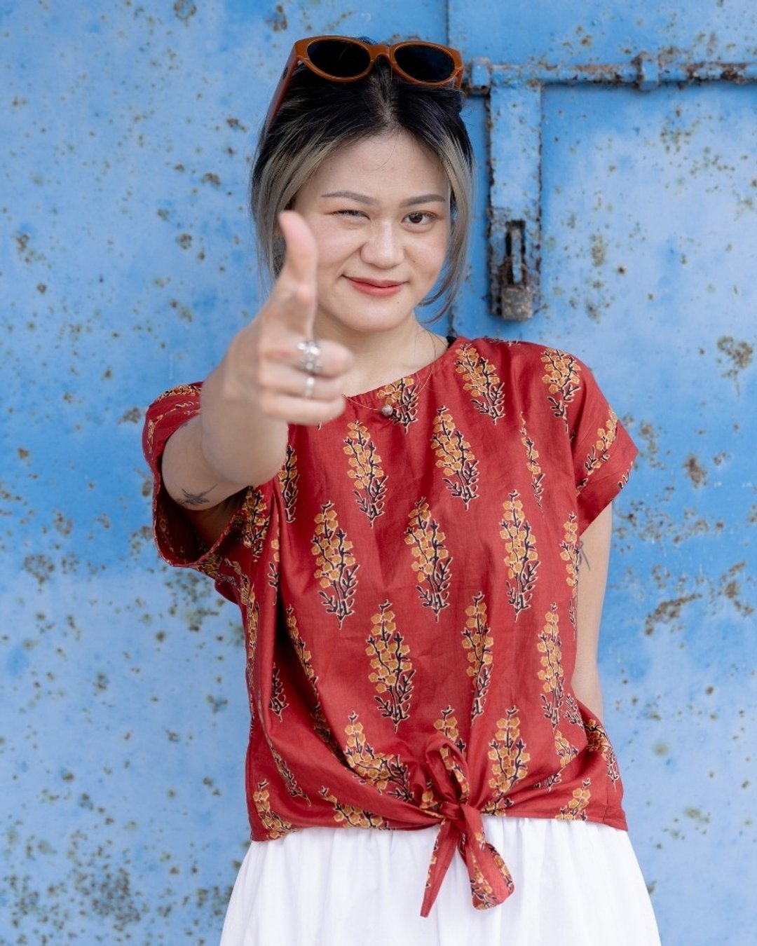 印度盖染工艺亲肤纯棉 打结上衣 － 金鱼草红 - 女装上衣 - 棉 多色