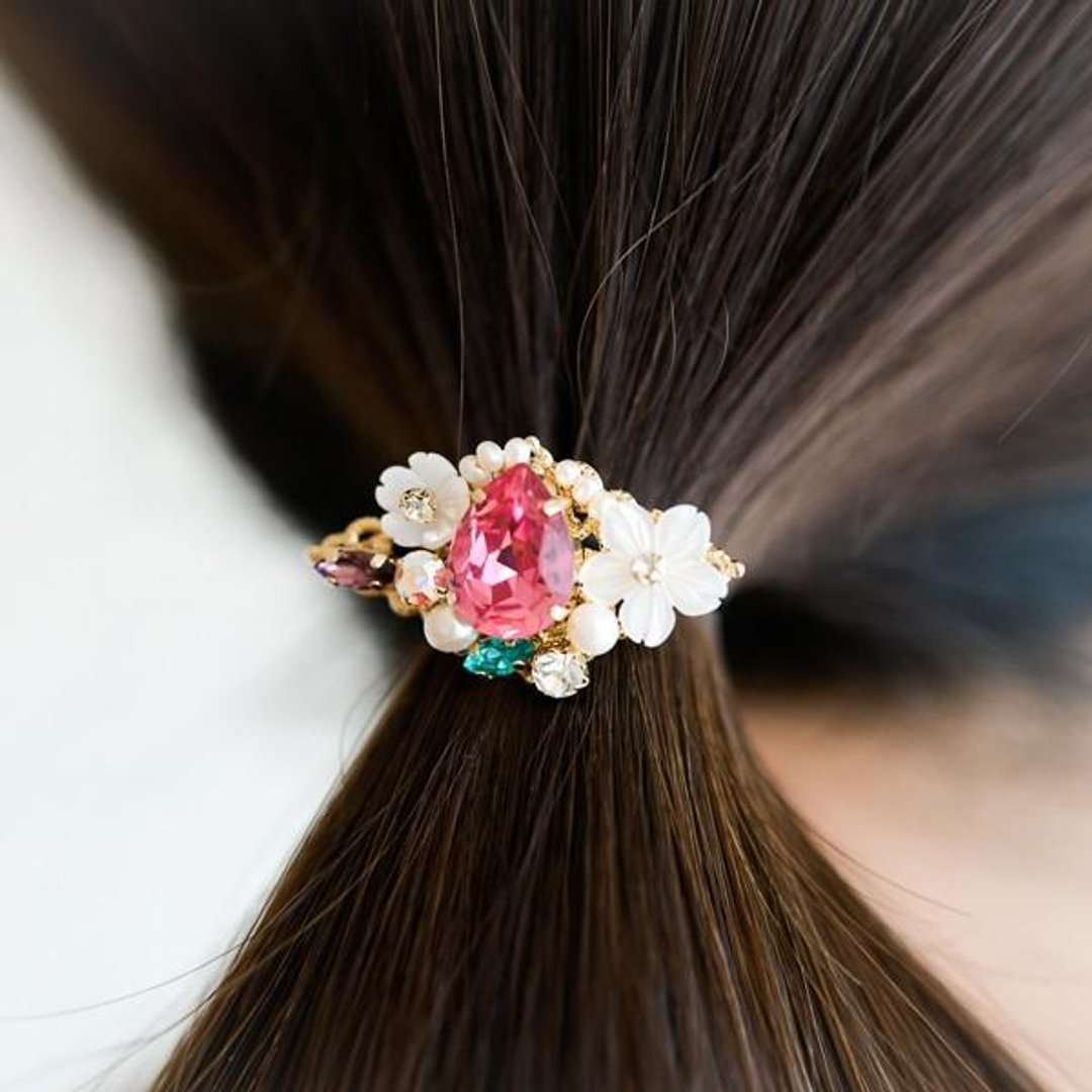 Freshwater Pearl Shell Flower Bijoux Pony Hook Hair Elastic Ornament Rose - 发饰 - 其他金属 红色