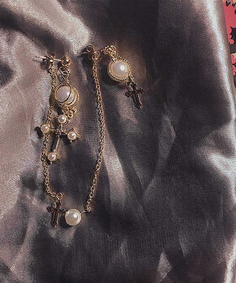 梦游摩洛哥－原创十字架链条珍珠不对称精致百搭气质个性耳环耳夹 - 耳环/耳夹 - 其他金属 金色