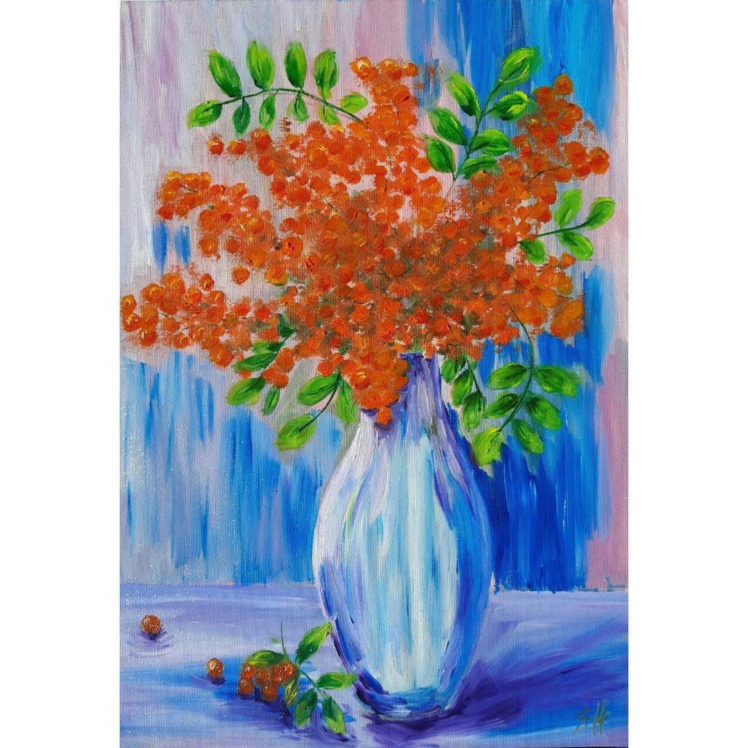 花瓶里的罗文油画 红色浆果 油画 - 海报/装饰画/版画 - 棉 红色