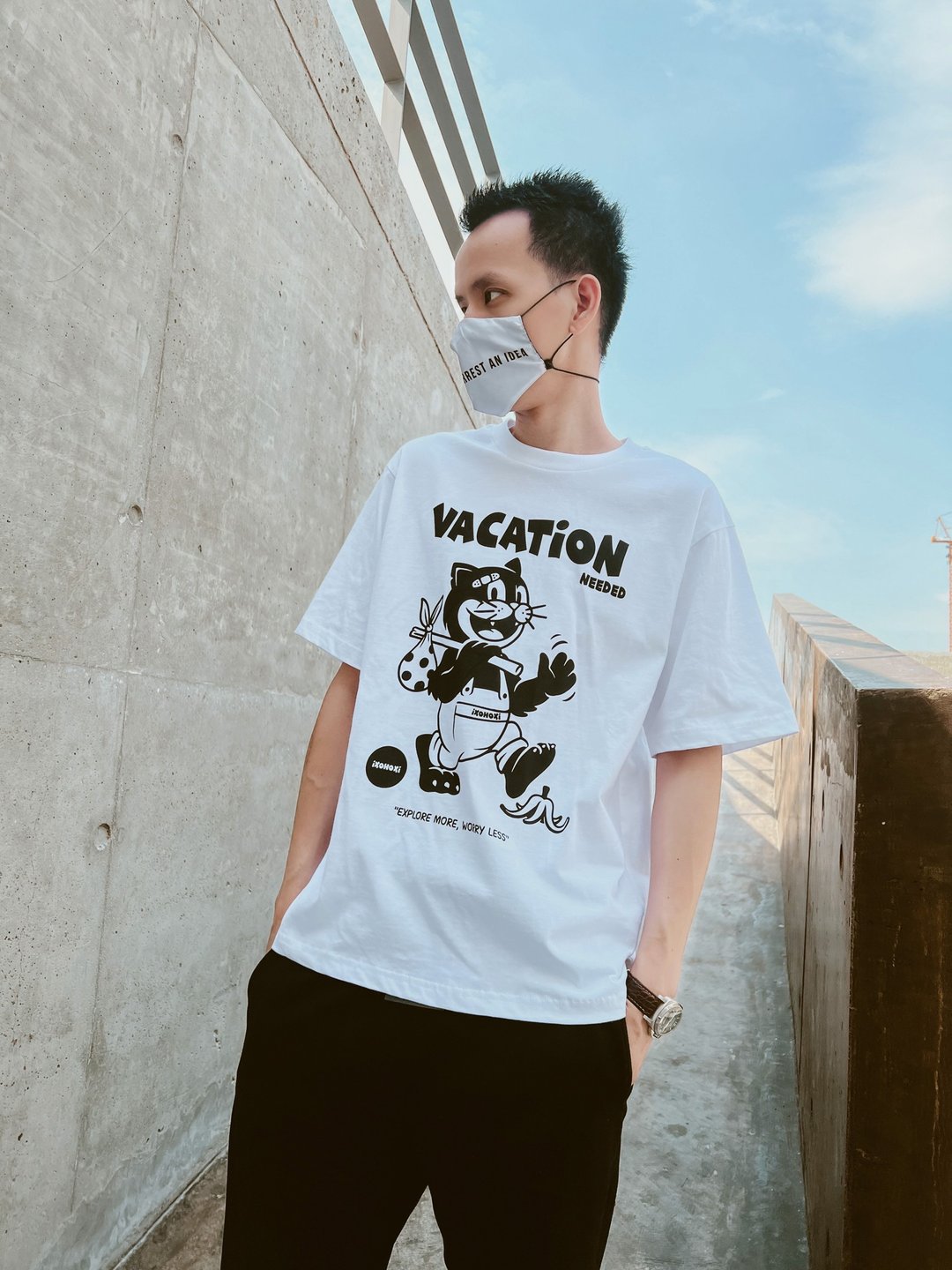 Oversize T-Shirt with Cat on Vacation Graphic Cotton 100% (I - 男装上衣/T 恤 - 棉 