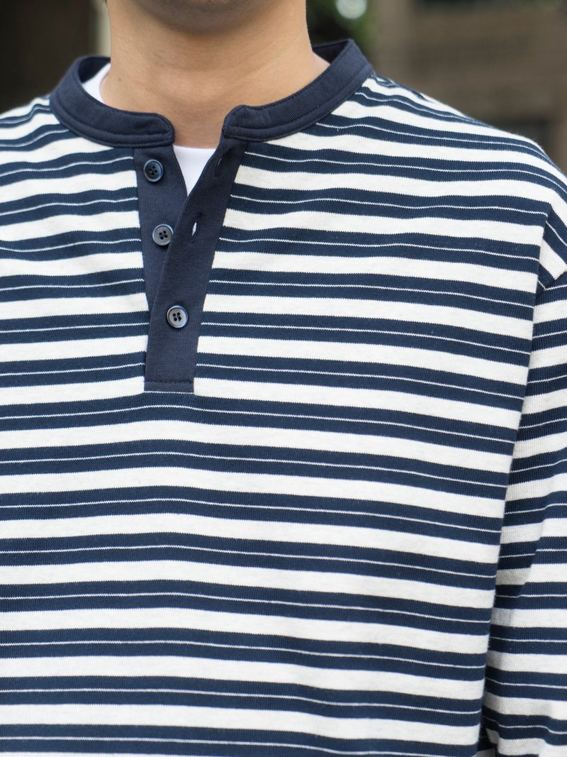 T-Shirt 亨利領條紋長袖 日系潮流海軍藍休閒純棉Tee恤cityboy - 男装上衣/T 恤 - 棉．麻 蓝色
