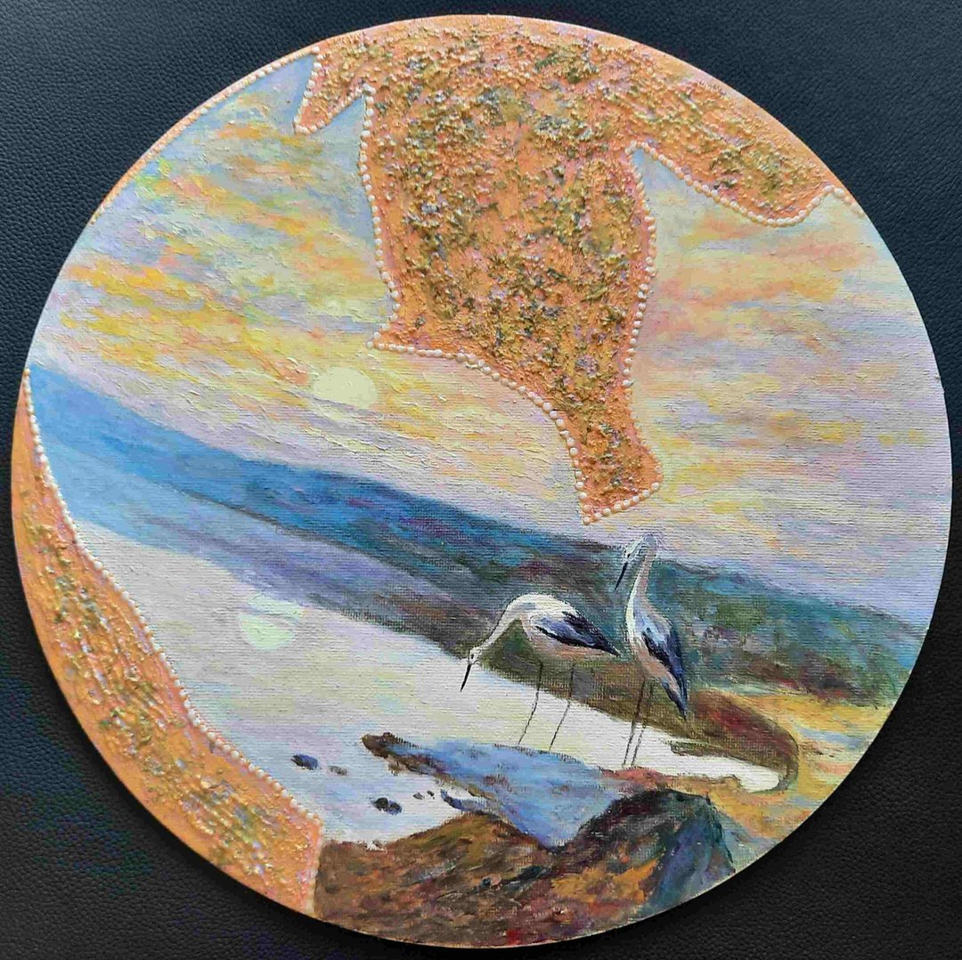 圆形原创混合媒材画作，风景鸟儿日落墙饰 30x30 - 墙贴/壁贴 - 环保材料 多色