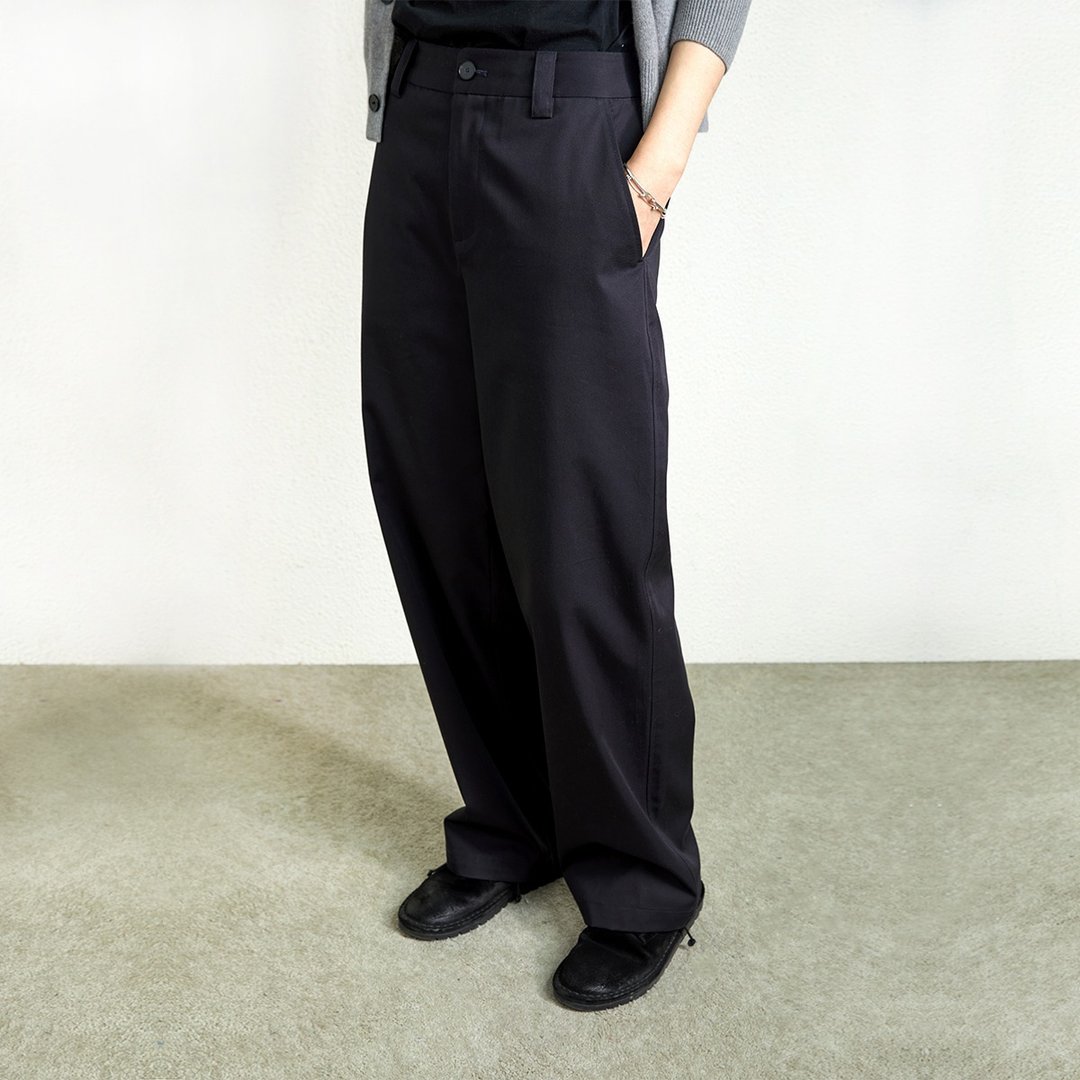 日本进口棉料 深蓝黑 精致休闲 日常通勤 宽松直筒长裤西裤 杲果 - 女装长裤 - 棉 黑色
