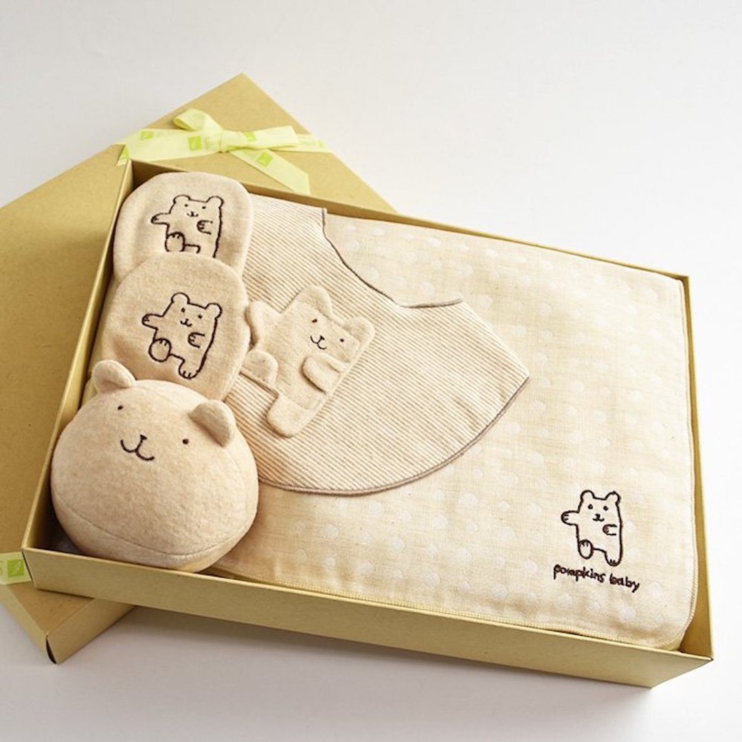 [Pinkoi店限定] [最受欢迎的有机棉礼品] 礼品组 LB Bear Collection 4 件套 日本制造 - 满月礼盒 - 棉 咖啡色
