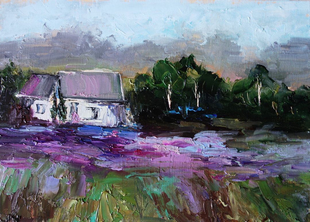 Lavender Fields Painting Oil Landscape Original Art 油畫原作 Meadow Artwork - 海报/装饰画/版画 - 颜料 多色