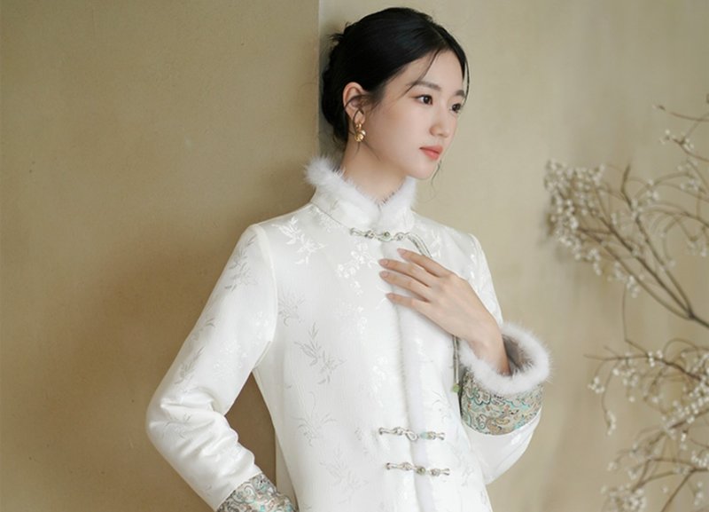 新中式復古中國风 禅意保暖夹棉长外套 - 女装上衣 - 聚酯纤维 白色