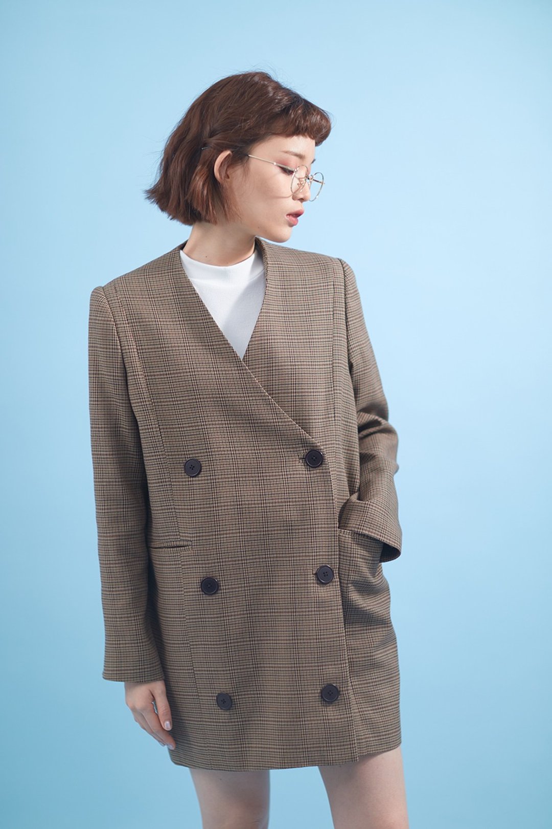 Oversized checked coat - 女装休闲/机能外套 - 棉 咖啡色