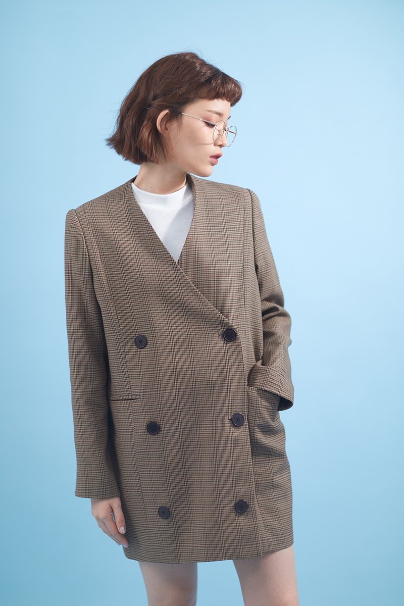 Oversized checked coat - 女装休闲/机能外套 - 棉．麻 咖啡色