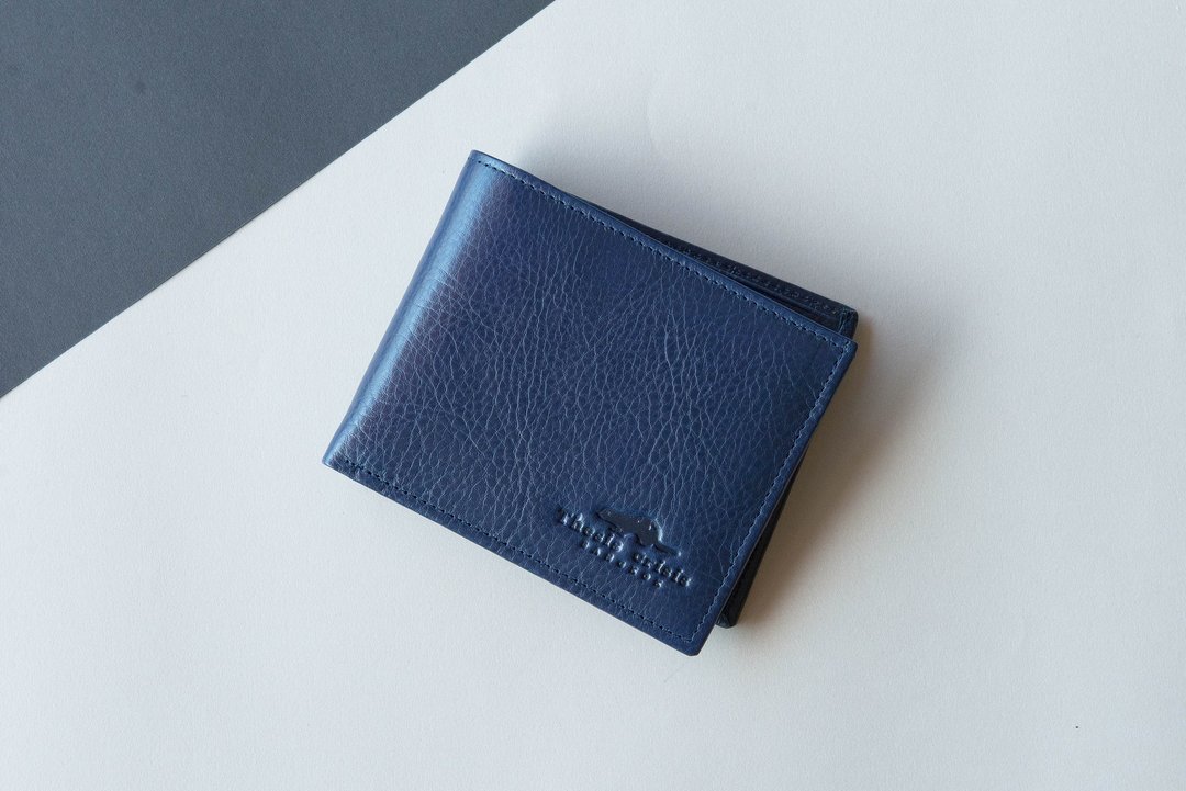 SHORT WALLET FOR MAN MADE OF THAI VEGETABLE TANNED LEATHER-NAVY/DARK BLUE - 皮夹/钱包 - 真皮 蓝色