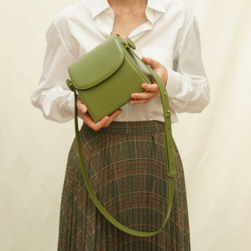 豆绿色 mini复古抽屉方包 头层牛皮制马卡龙色侧背手拎两用真皮包 - 侧背包/斜挎包 - 真皮 绿色